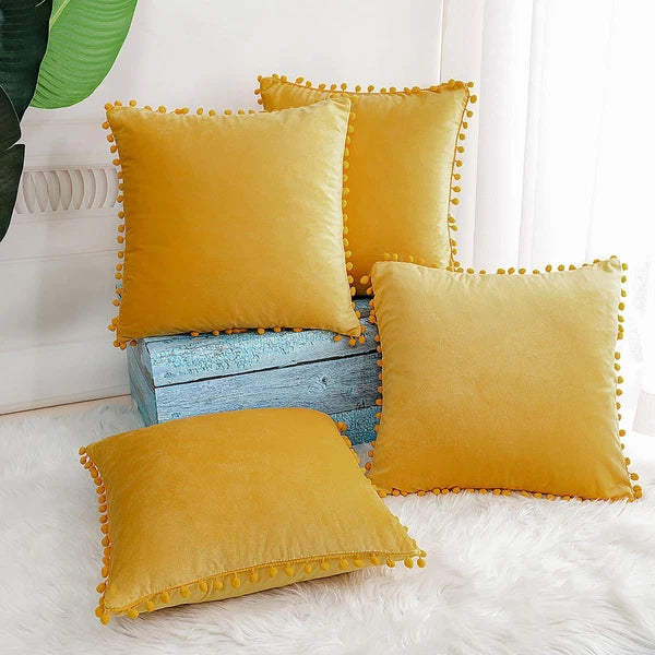 Velvet Pillow Cover with Pompoms for Sofa Bed 4PCS