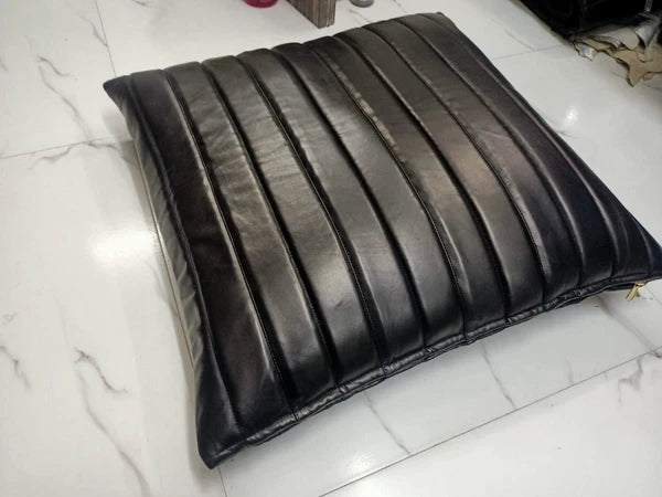 Black Lambskin Leather Cushion Cover, Sofa & Bed Throw Pillow Cover High Quality