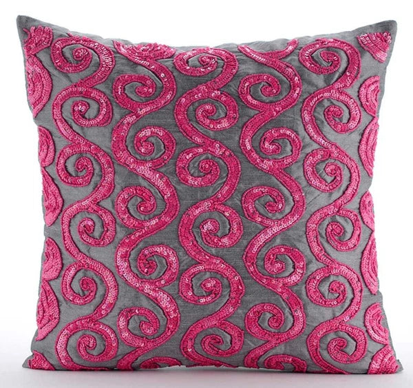 Sofa Pillow Case Pink 16"x16", Bed Decor Silk Abstract - Pink Sugar Scroll