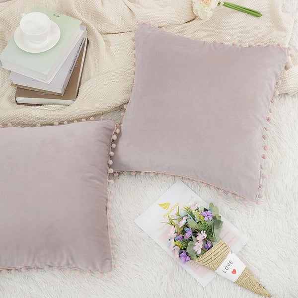 Velvet Pillow Cover with Pompoms for Sofa Bed 2PCS