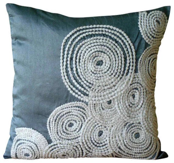 Couch Cushion Cover Blue 16"x16", Bed Decor Silk Pom Pom Lace - Snow Centric