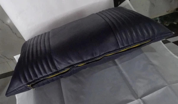 Lambskin Leather Navy Blue Rectangle Pillow Cover | Quilted Decorative Cover