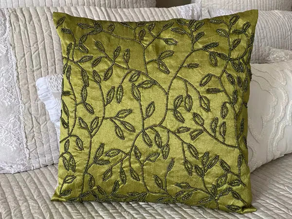 Square Sofa Pillow Case Green 16"x16", Bed Decor Silk Leaf Beaded - Tropical
