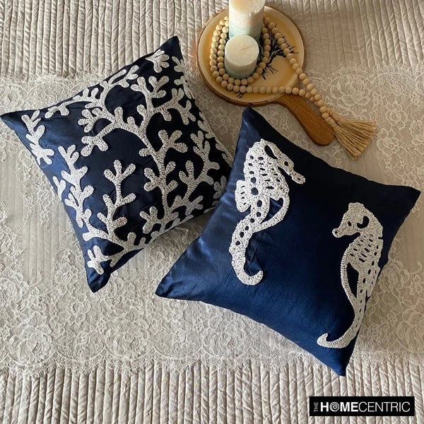 Couch Pillow Cover Blue 16"x16", Bed Decor Silk Sea Creatures - Navy Corals