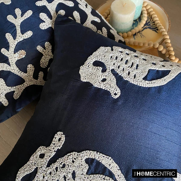 Couch Pillow Cover Blue 16"x16", Bed Decor Silk Sea Creatures - Navy Corals