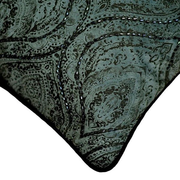 Couch Cushion Cover Grey 16"x16", Bed Decor Velvet Damask & Beaded - Arturo