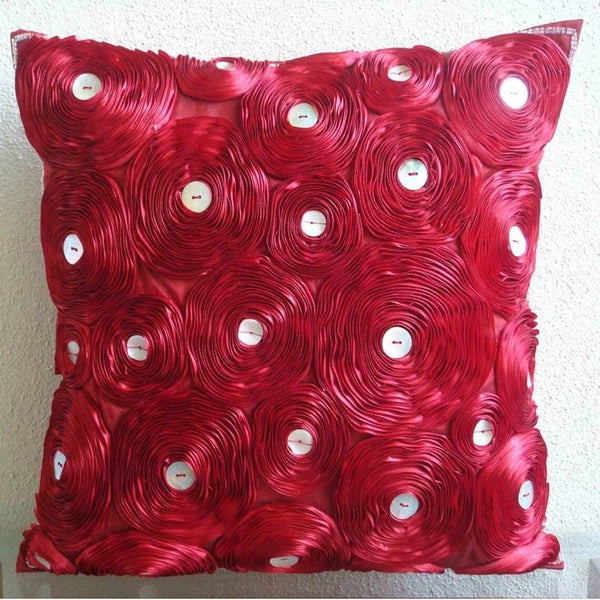 Square Couch Pillow Cover Red 16"x16", Sofa Decor Silk Floral - Bed Of Roses