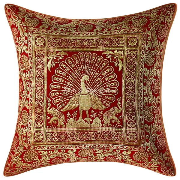 Peacock Brocade Cushion Cover Indian Handmade Throw Sofa Pillow Case Cover 12"