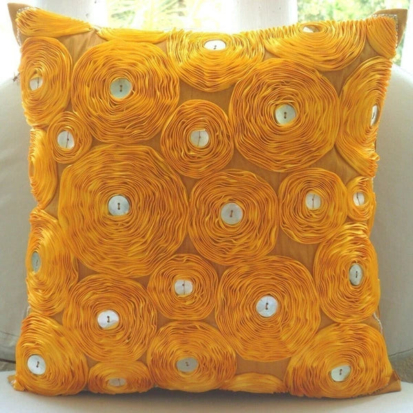 Decorative Sofa Pillow Cover Orange 16"x16", Bed Decor Silk Floral - Marigold