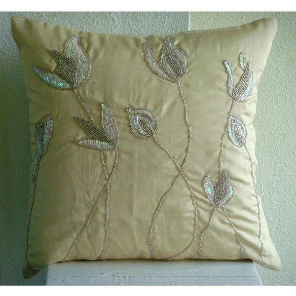 Couch Cushion Cover Beige 16"x16", Bed Decor Silk Lily - Lily Of The Valley
