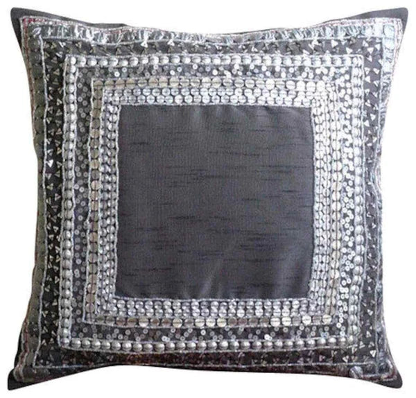 Couch Pillow Cover Grey 16"x16", Bed Decor Silk Metal Sequins - Treasure Trove