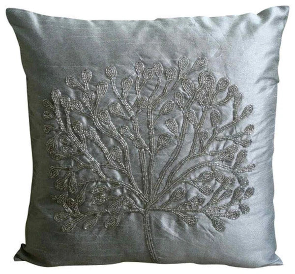 Sofa Pillow Cover Silver 16"x16", Bed Decor Silk Tree Beaded - The Silver Tree