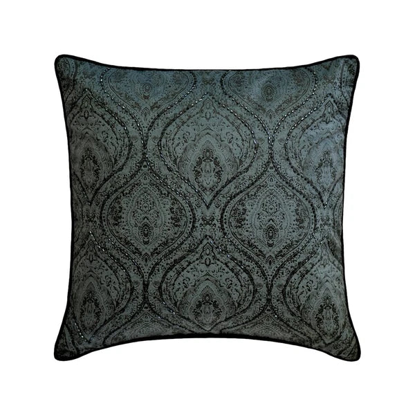 Couch Cushion Cover Grey 16"x16", Bed Decor Velvet Damask & Beaded - Arturo
