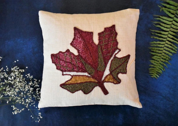 Beaded Cushion Cover Maple Leaf Decorative Sofa Pillow Case 16x16 In Set of 2
