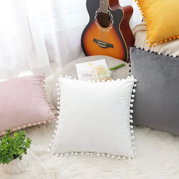 Velvet Pillow Cover with Pompoms for Sofa Bed 2PCS