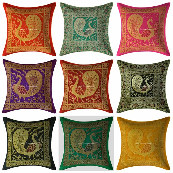 Indian Brocade Sofa Cushion Cover Handmade Peacock Pillow Case Cover Throw 12"