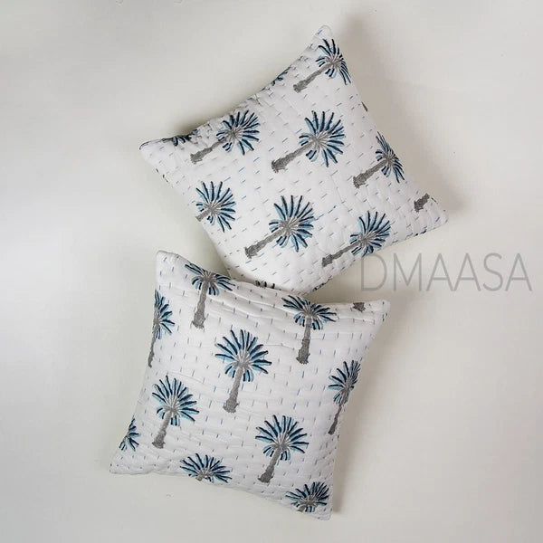 Grey & Blue Palm Tree Pillow Cover Bed Sofa Cushion Case Indian Cotton Cover