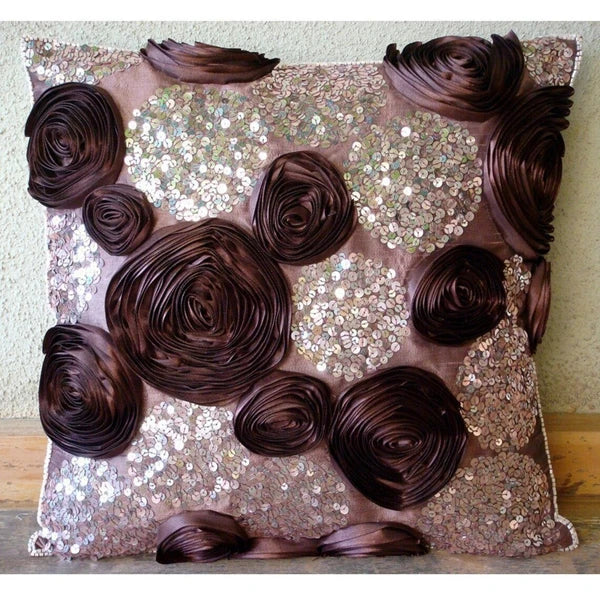 Sofa Pillow Case Purple 16"x16", Bed Decor Silk Floral - Wine and Roses