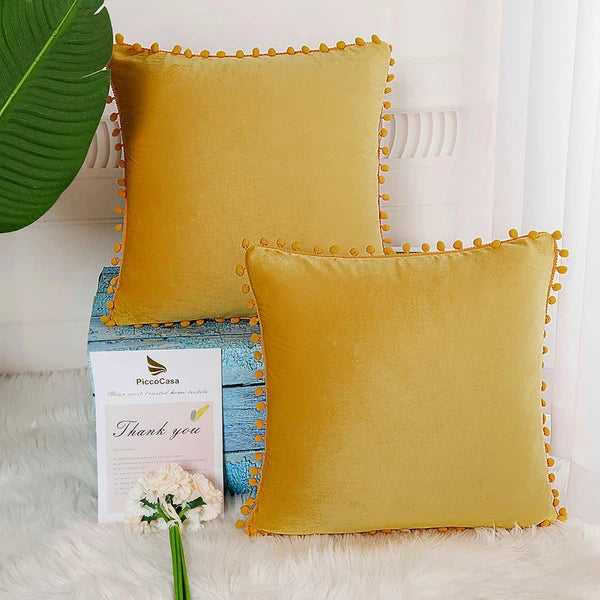 Velvet Pillow Cover with Pompoms for Sofa Bed 2PCS