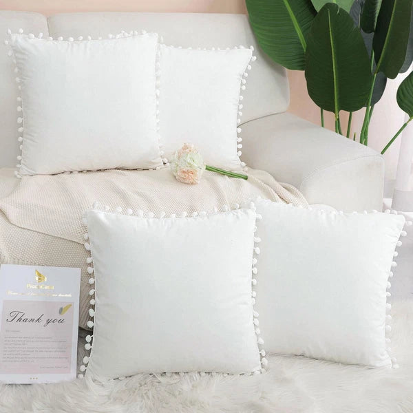 Velvet Pillow Cover with Pompoms for Sofa Bed 4PCS
