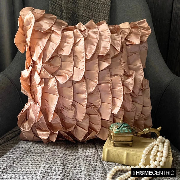 Sofa Pillow Cover Pink 16"x16", Bed Decor Satin Ruffles - Vintage Peach