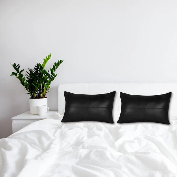 Elegant Lambskin Leather Black Plain Rectangular Pillow Cover Sofa Cushion Case