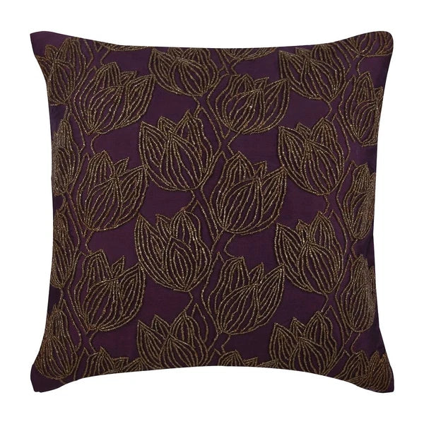Square Sofa Cushion Cover Purple 16"x16", Bed Decor Silk Floral - Gold Tulips