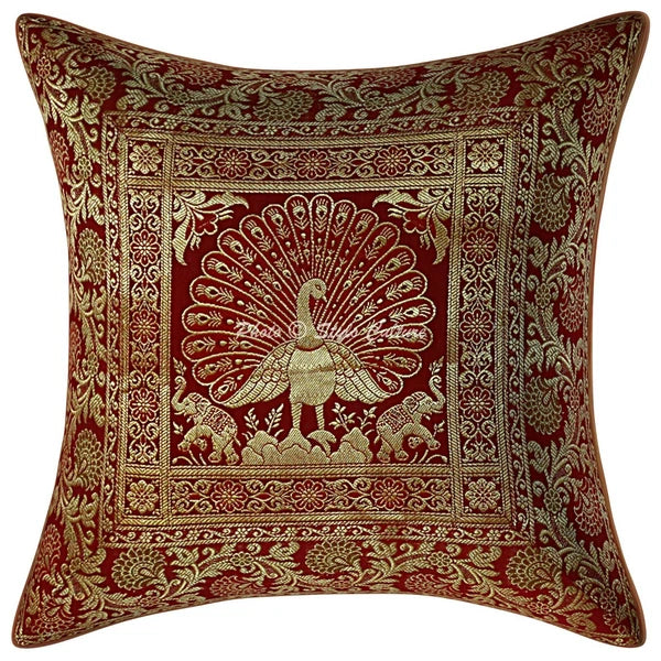 Peacock Brocade Cushion Cover Indian Handmade Throw Sofa Pillow Case Cover 12"