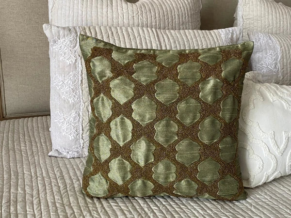 Sofa Cushion Cover Green 16"x16", Bed Decor Silk Geometric - Tarnished Gold