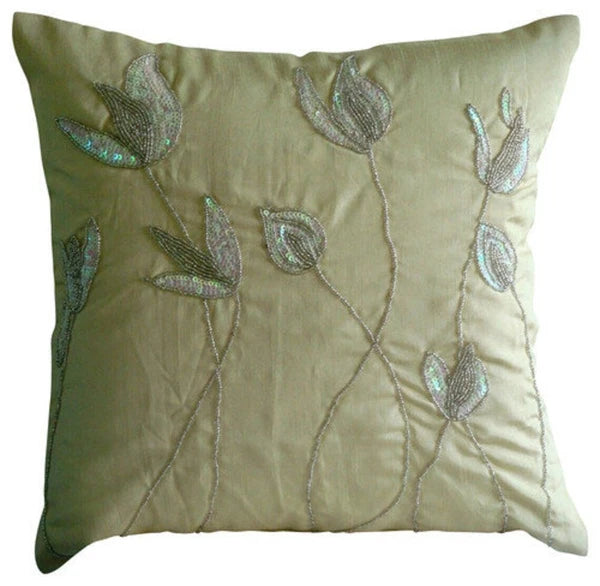 Couch Cushion Cover Beige 16"x16", Bed Decor Silk Lily - Lily Of The Valley