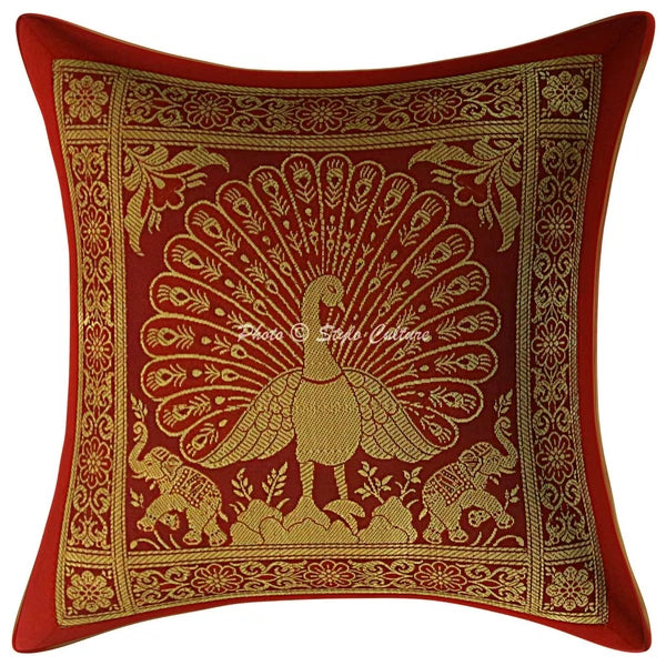 Indian Peacock Brocade Cushion Cover Handmade Sofa Pillow Case Cover Throw 12"