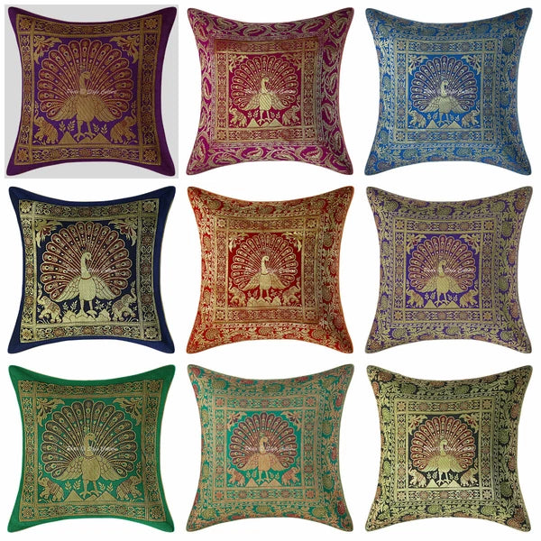 Indian Peacock Brocade Cushion Cover Handmade Sofa Pillow Case Cover Throw 12"