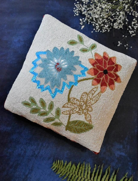 Decorative Beaded Cushion Cover Handmade Sofa Pillow Covers 16x16 In Set of 2