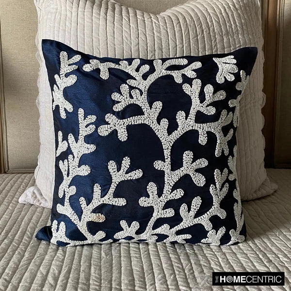 Couch Pillow Cover Blue 16"x16", Bed Decor Silk Sea Creatures - Navy Corals