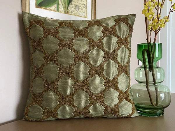 Sofa Cushion Cover Green 16"x16", Bed Decor Silk Geometric - Tarnished Gold