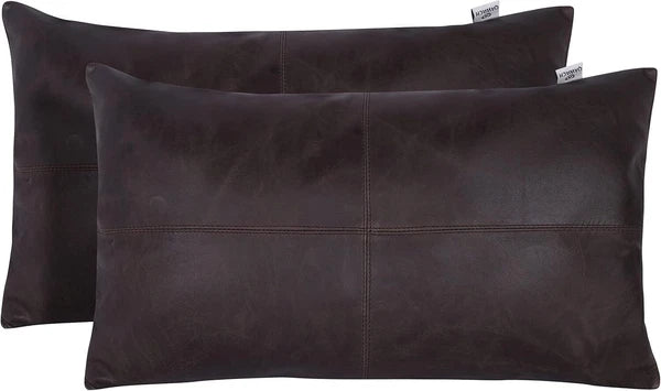 Designer Rectangular Leather Brown Crunch Plain Pillow Cover For Sofa Cushion