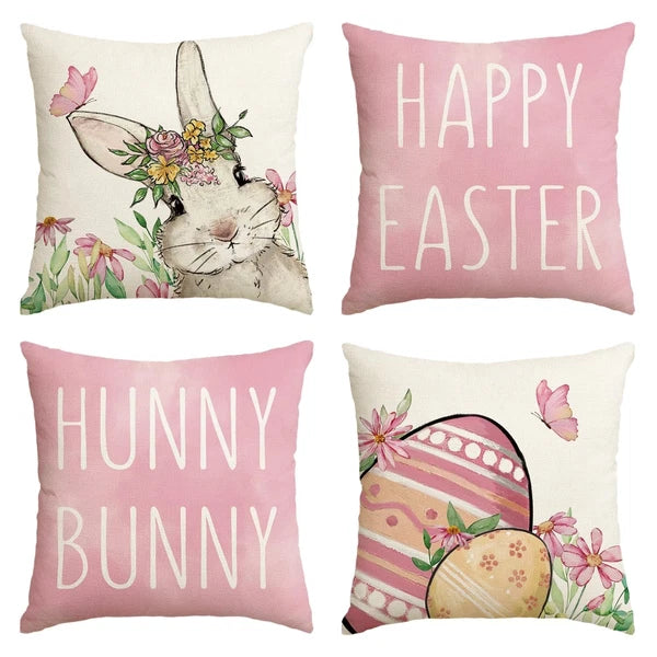 Happy Easter Pink Throw Pillow Covers, Easter Eggs Bunny Cushion Case for Sofa
