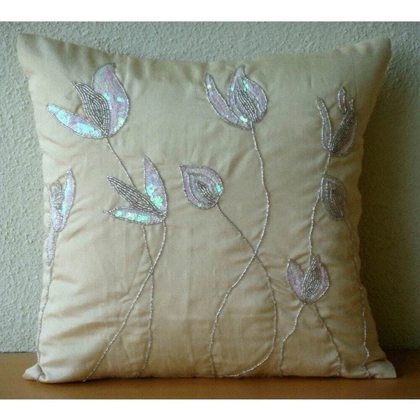 Couch Cushion Cover Beige 16"x16", Bed Decor Silk Lily - Lily Of The Valley