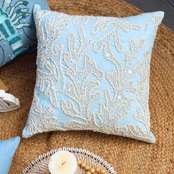 Decorative Sofa Cushion Case Blue 16"x16", Bed Decor Cotton - Pearly Sea Tangle