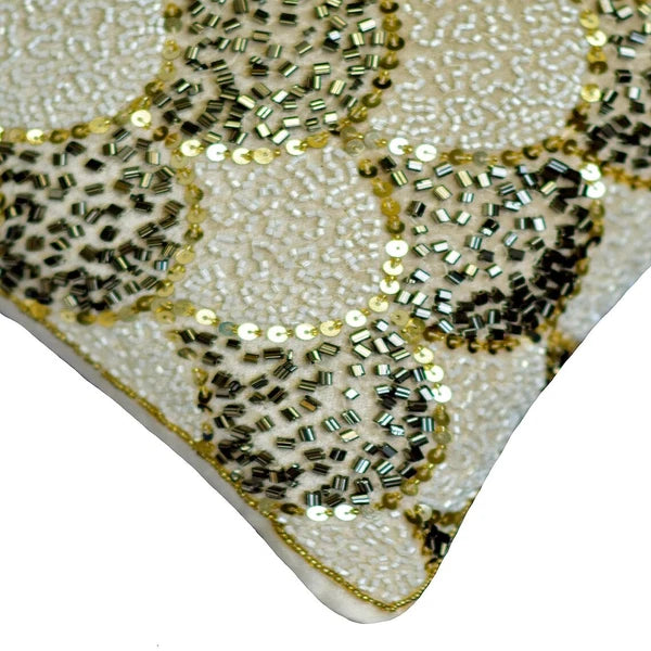 Square Couch Cushion Cover Ivory 16"x16", Bed Decor Velvet Beaded - Abigail