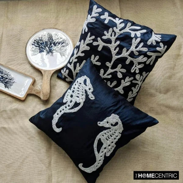 Couch Pillow Cover Blue 16"x16", Bed Decor Silk Sea Creatures - Navy Corals