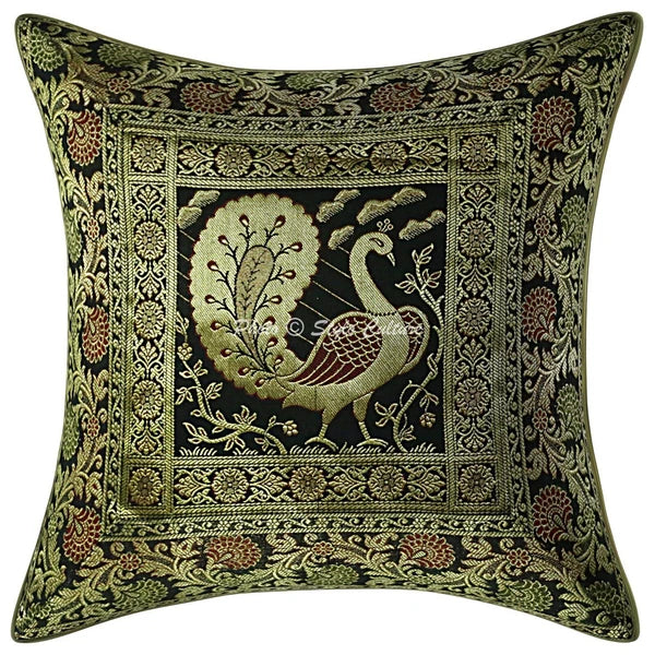 Indian Brocade Sofa Cushion Cover Handmade Peacock Pillow Case Cover Throw 12"