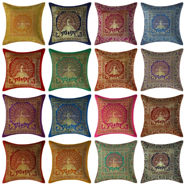 Peacock Brocade Cushion Cover Indian Handmade Throw Sofa Pillow Case Cover 12"