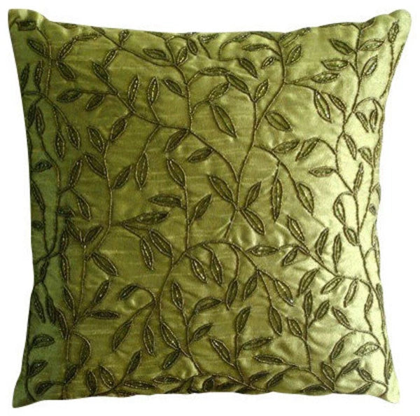 Square Sofa Pillow Case Green 16"x16", Bed Decor Silk Leaf Beaded - Tropical