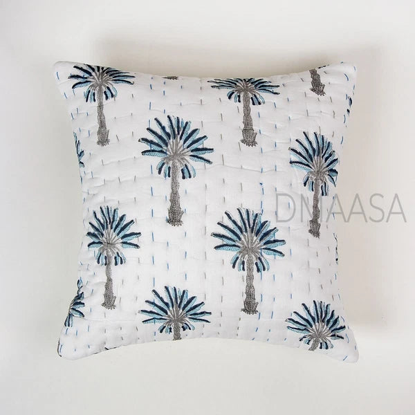 Grey & Blue Palm Tree Pillow Cover Bed Sofa Cushion Case Indian Cotton Cover
