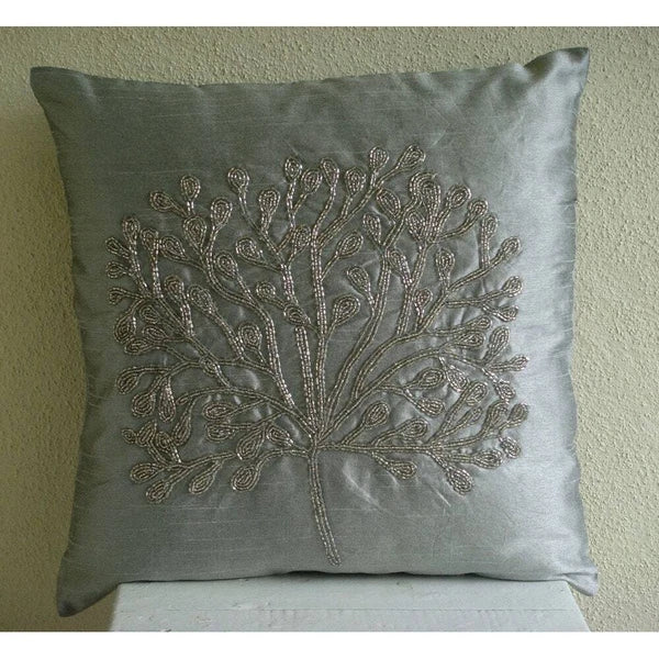 Sofa Pillow Cover Silver 16"x16", Bed Decor Silk Tree Beaded - The Silver Tree