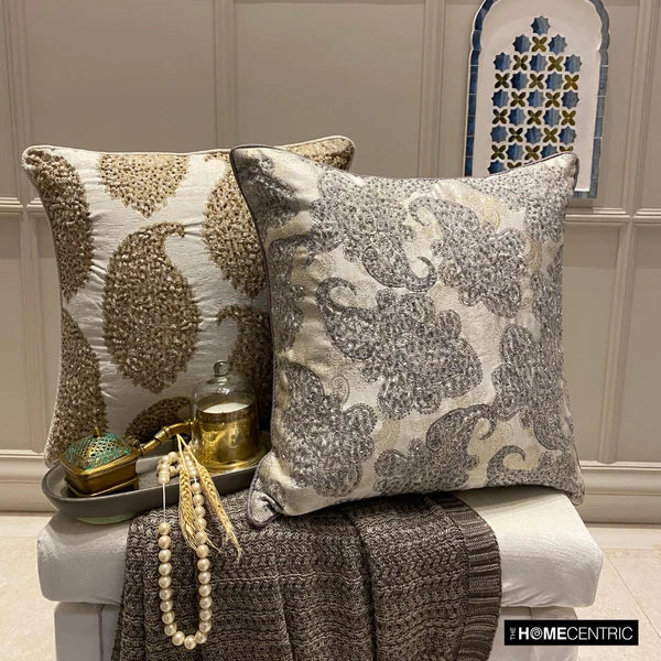 Couch Pillow Case Grey 16"x16", Bed Decor Silk Abstract - Paisley Elegance