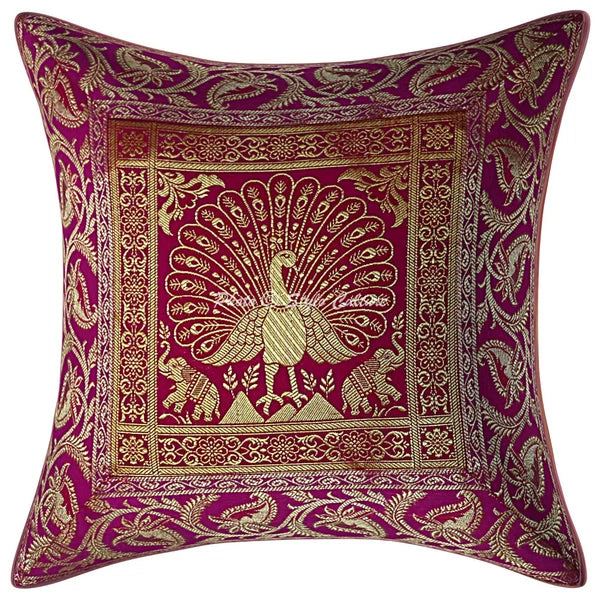 Indian Peacock Brocade Cushion Cover Handmade Sofa Pillow Case Cover Throw 12"