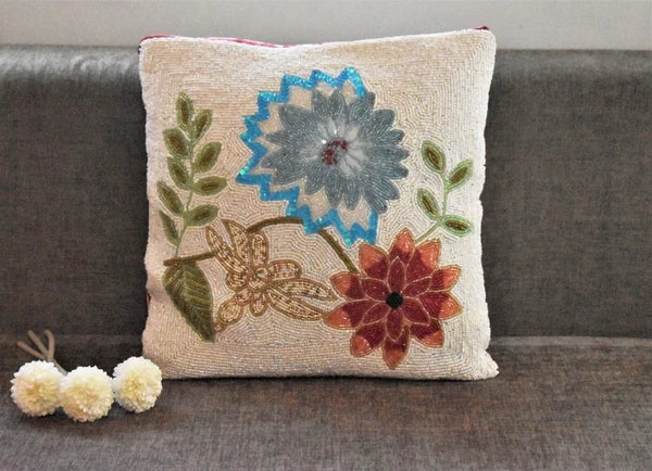 Decorative Beaded Cushion Cover Handmade Sofa Pillow Covers 16x16 In Set of 2