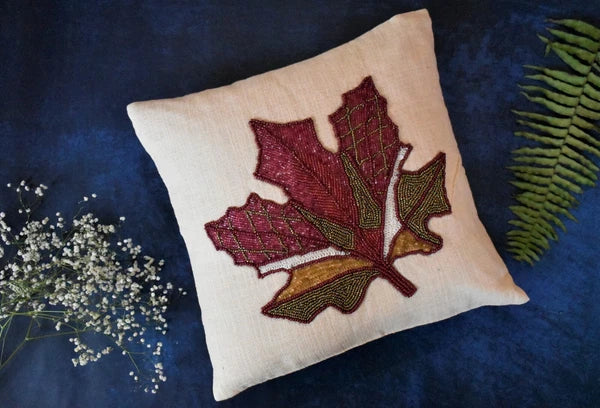 Beaded Cushion Cover Maple Leaf Decorative Sofa Pillow Case 16x16 In Set of 2